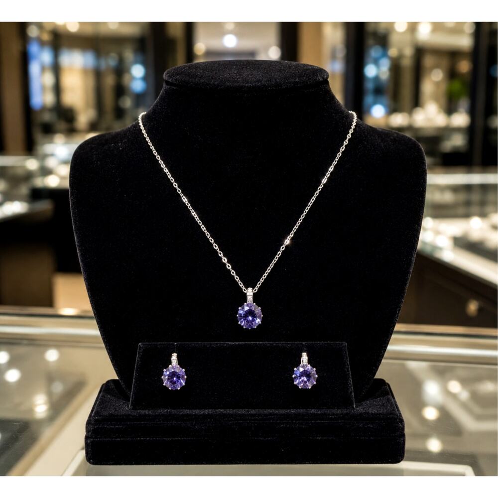 JCM Purple Crystal Solitaire Necklace & Matching Earrings Set